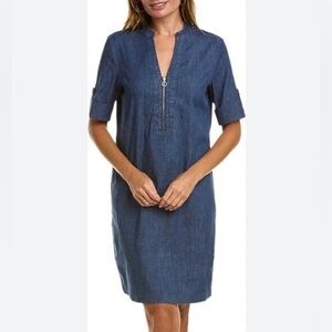 Anne Klein Dark Blue Denim Shift 1/2 zip Dress size 2 Stretch Cap Sleeve Collar